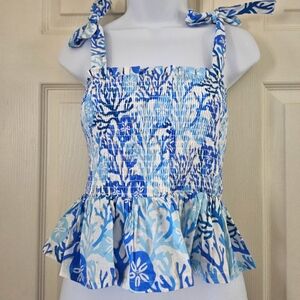 Haute Hippie NWT small sleeveless top smocked bodice blue coral starfish beachy